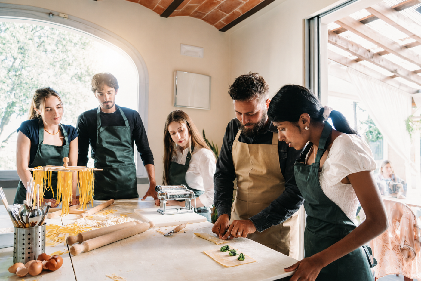 Small group making fresh pasta together around a kitchen counter